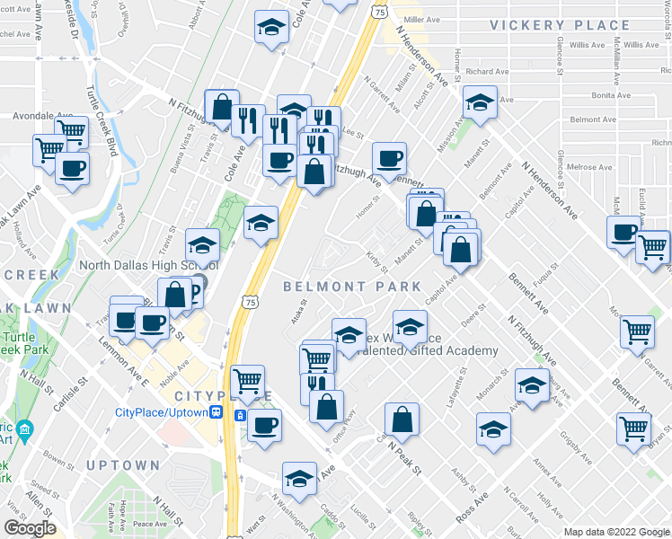 map of restaurants, bars, coffee shops, grocery stores, and more near in Dallas