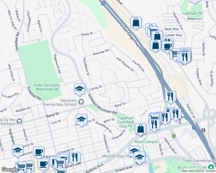 map of restaurants, bars, coffee shops, grocery stores, and more near 2437 Loring Street in San Diego