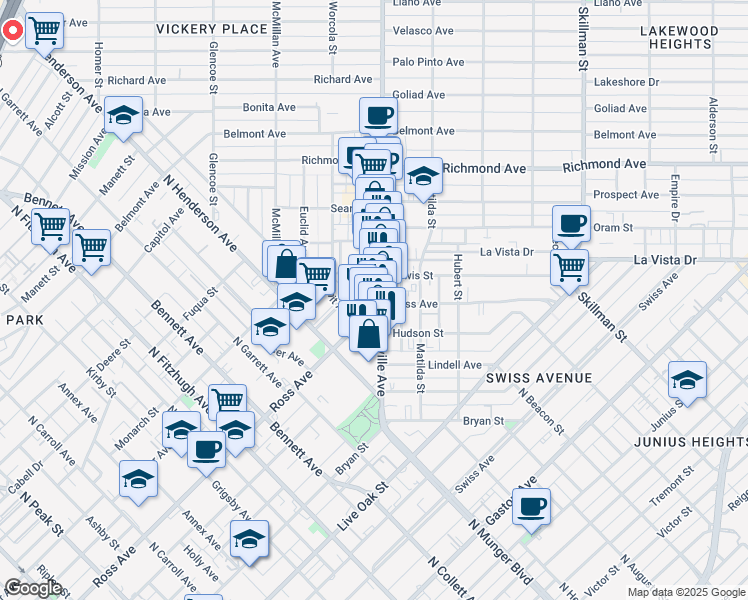 map of restaurants, bars, coffee shops, grocery stores, and more near 1705 Greenville Avenue in Dallas