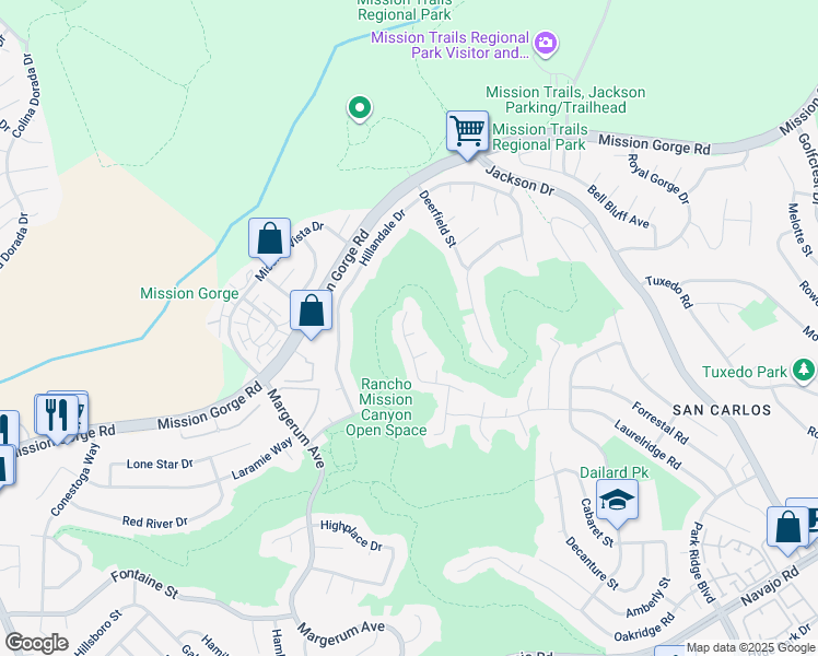 map of restaurants, bars, coffee shops, grocery stores, and more near 6909 Town View Lane in San Diego