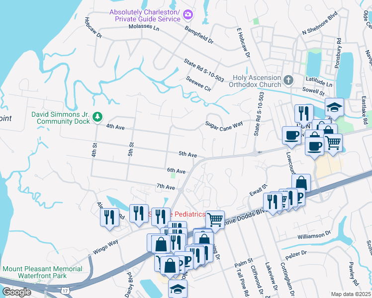 map of restaurants, bars, coffee shops, grocery stores, and more near 366 5th Avenue in Mount Pleasant