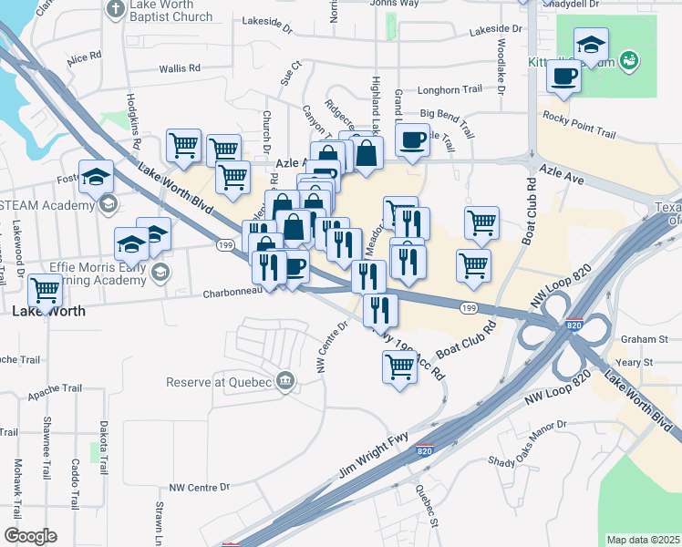 map of restaurants, bars, coffee shops, grocery stores, and more near 6532 Lake Worth Boulevard in Fort Worth