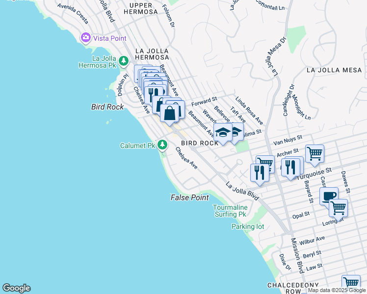 map of restaurants, bars, coffee shops, grocery stores, and more near 5430 La Jolla Boulevard in San Diego