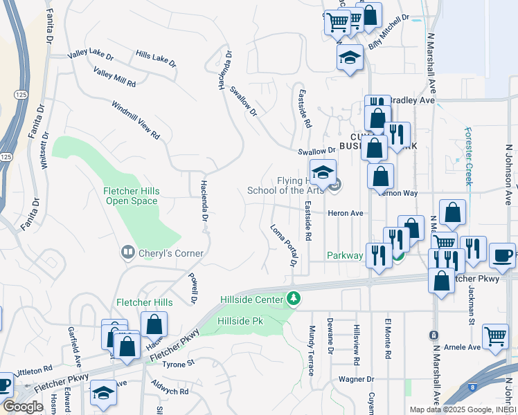 map of restaurants, bars, coffee shops, grocery stores, and more near 1182 Australia Street in El Cajon