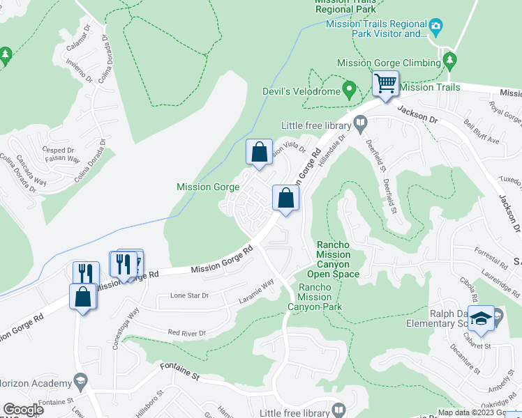 map of restaurants, bars, coffee shops, grocery stores, and more near 3631 Mission Mesa Way in San Diego