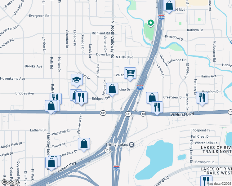 map of restaurants, bars, coffee shops, grocery stores, and more near 104 North Booth Calloway Road in Hurst