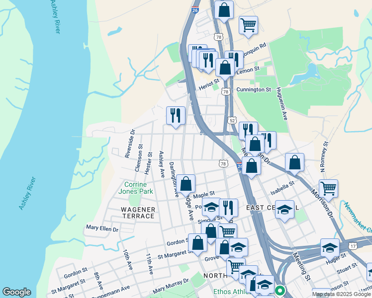 map of restaurants, bars, coffee shops, grocery stores, and more near 85 Magnolia Avenue in Charleston