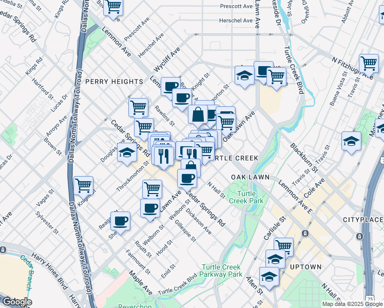 map of restaurants, bars, coffee shops, grocery stores, and more near 3818 North Hall Street in Dallas