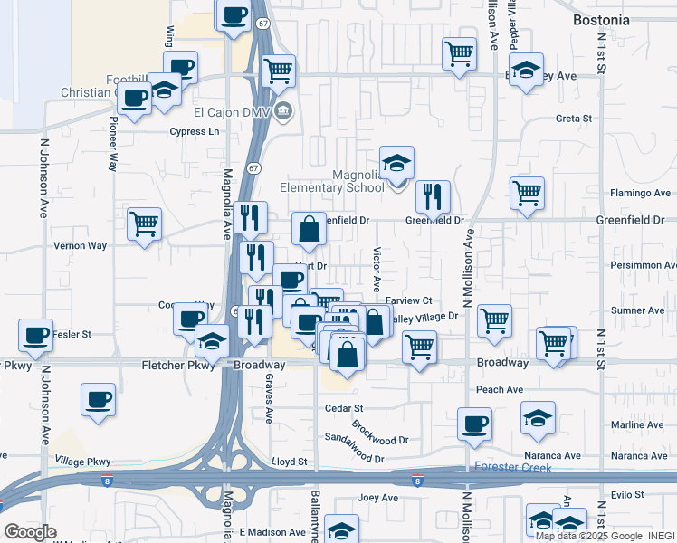 map of restaurants, bars, coffee shops, grocery stores, and more near 529 Hart Drive in El Cajon