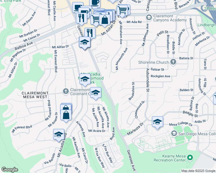 map of restaurants, bars, coffee shops, grocery stores, and more near 3710 Boyd Avenue in San Diego