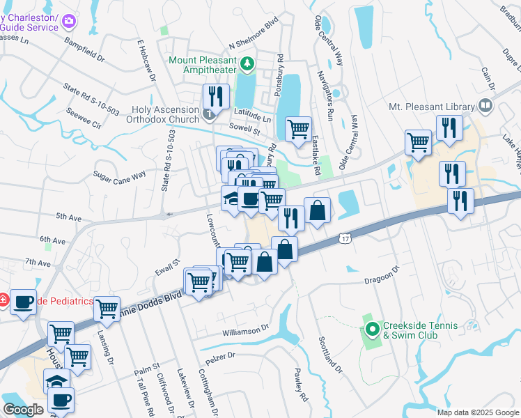 map of restaurants, bars, coffee shops, grocery stores, and more near 700 South Shelmore Boulevard in Mount Pleasant
