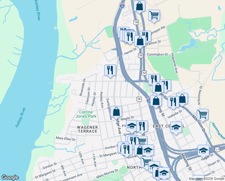 map of restaurants, bars, coffee shops, grocery stores, and more near 131 Darlington Avenue in Charleston
