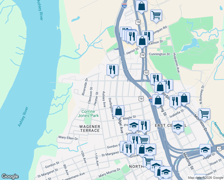 map of restaurants, bars, coffee shops, grocery stores, and more near 131 Darlington Avenue in Charleston