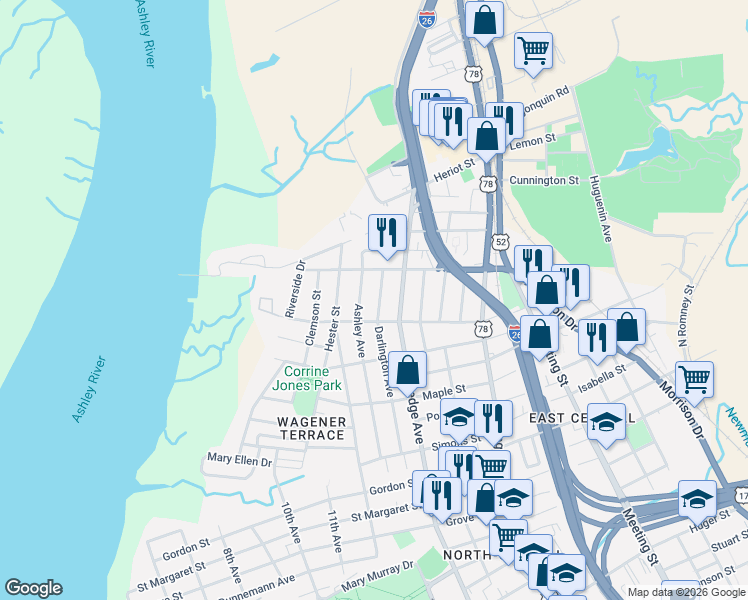 map of restaurants, bars, coffee shops, grocery stores, and more near 131 Darlington Avenue in Charleston