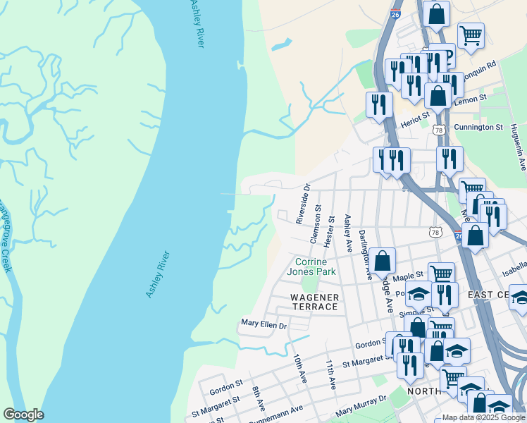 map of restaurants, bars, coffee shops, grocery stores, and more near 203 Sans Souci Street in Charleston