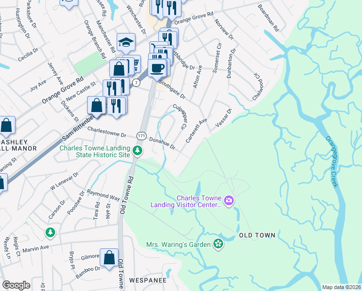 map of restaurants, bars, coffee shops, grocery stores, and more near 1109 Donahue Drive in Charleston