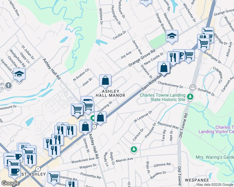 map of restaurants, bars, coffee shops, grocery stores, and more near 1502 Downing Street in Charleston