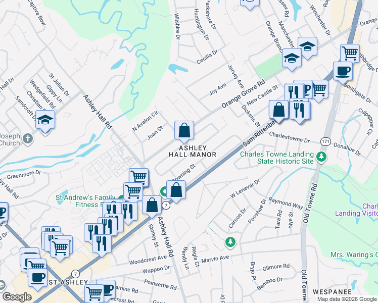 map of restaurants, bars, coffee shops, grocery stores, and more near 1514 Birthright Street in Charleston