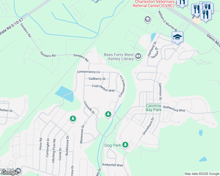 map of restaurants, bars, coffee shops, grocery stores, and more near 3180 Cold Harbor Way in Charleston