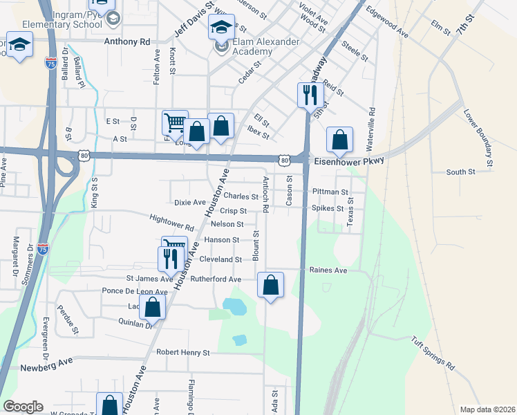 map of restaurants, bars, coffee shops, grocery stores, and more near 510 Crisp Street in Macon
