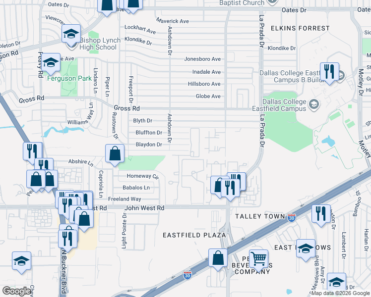 map of restaurants, bars, coffee shops, grocery stores, and more near 2522 Blaydon Drive in Dallas