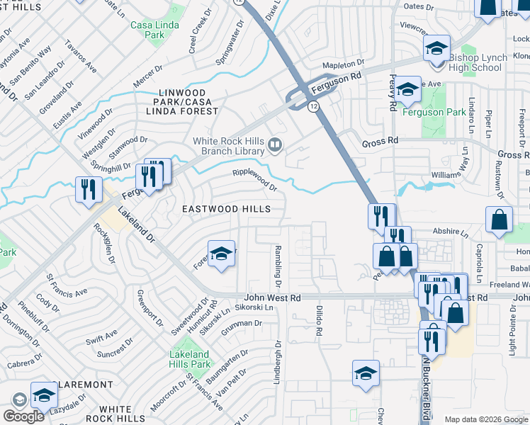map of restaurants, bars, coffee shops, grocery stores, and more near 9135 Sweetwater Drive in Dallas