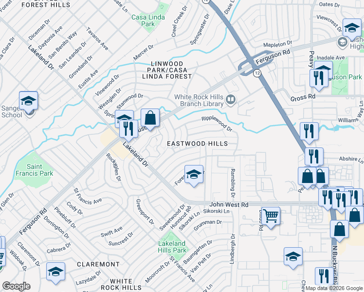 map of restaurants, bars, coffee shops, grocery stores, and more near 8951-8999 Bretshire Drive in Dallas