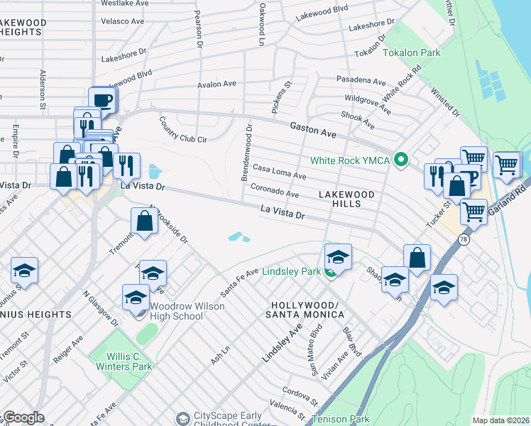 map of restaurants, bars, coffee shops, grocery stores, and more near 6836 La Vista Drive in Dallas