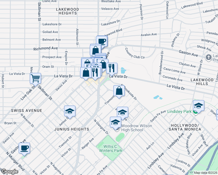 map of restaurants, bars, coffee shops, grocery stores, and more near 6299 Worth Street in Dallas