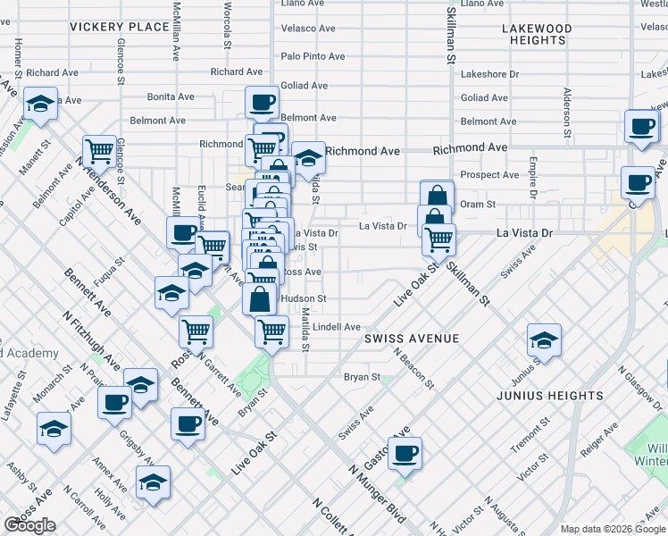 map of restaurants, bars, coffee shops, grocery stores, and more near 5908 Ross Avenue in Dallas