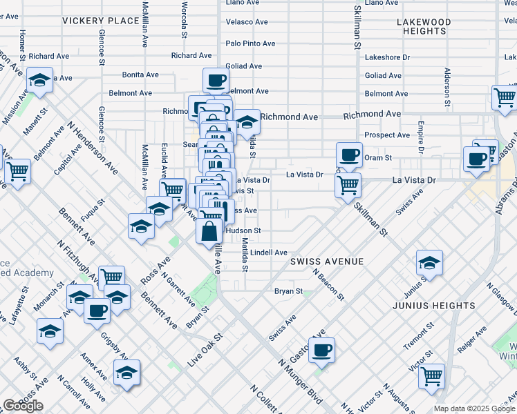 map of restaurants, bars, coffee shops, grocery stores, and more near 5714 Ross Avenue in Dallas