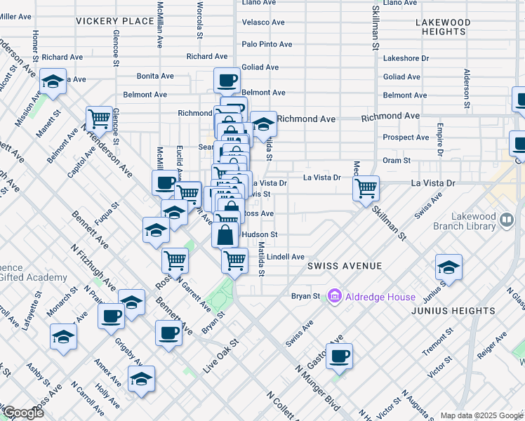 map of restaurants, bars, coffee shops, grocery stores, and more near 5714 Ross Avenue in Dallas