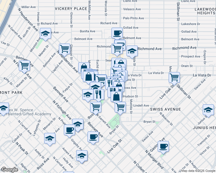 map of restaurants, bars, coffee shops, grocery stores, and more near 1800 North Henderson Avenue in Dallas