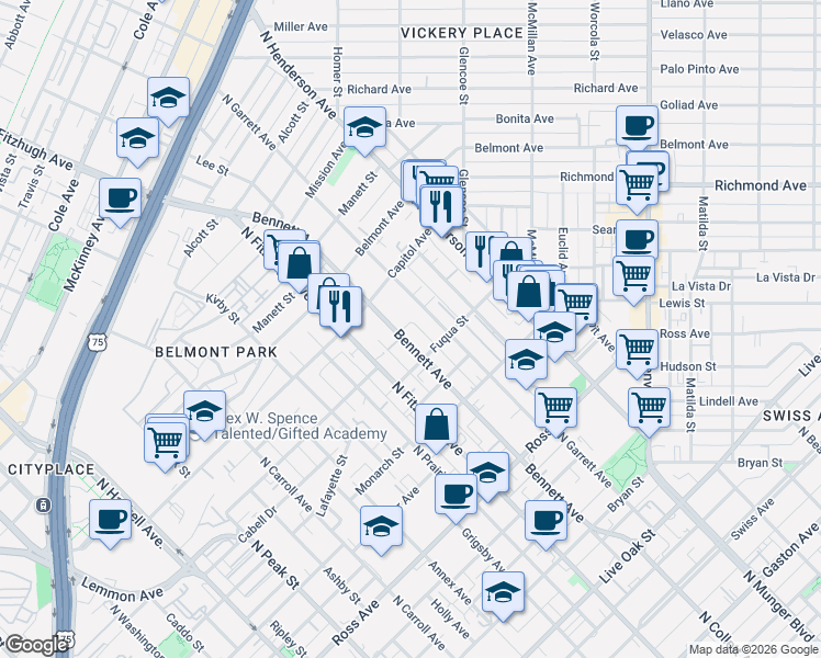 map of restaurants, bars, coffee shops, grocery stores, and more near 4977 Zuma Court in Dallas