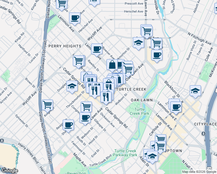 map of restaurants, bars, coffee shops, grocery stores, and more near 3302 Reagan Street in Dallas