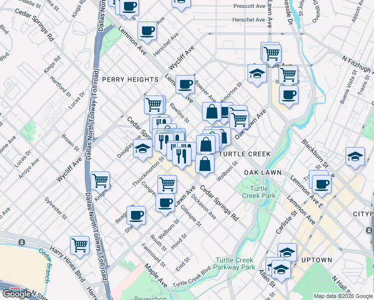 map of restaurants, bars, coffee shops, grocery stores, and more near 3113 Reagan Street in Dallas
