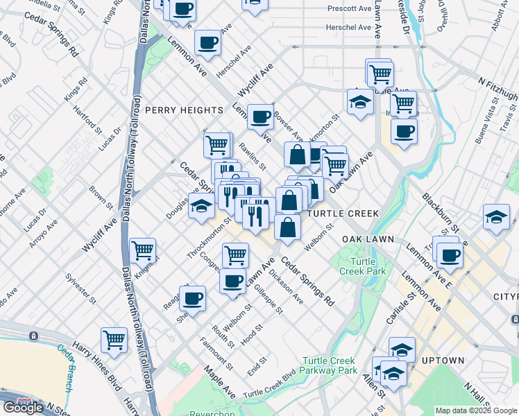 map of restaurants, bars, coffee shops, grocery stores, and more near 3113 Reagan Street in Dallas