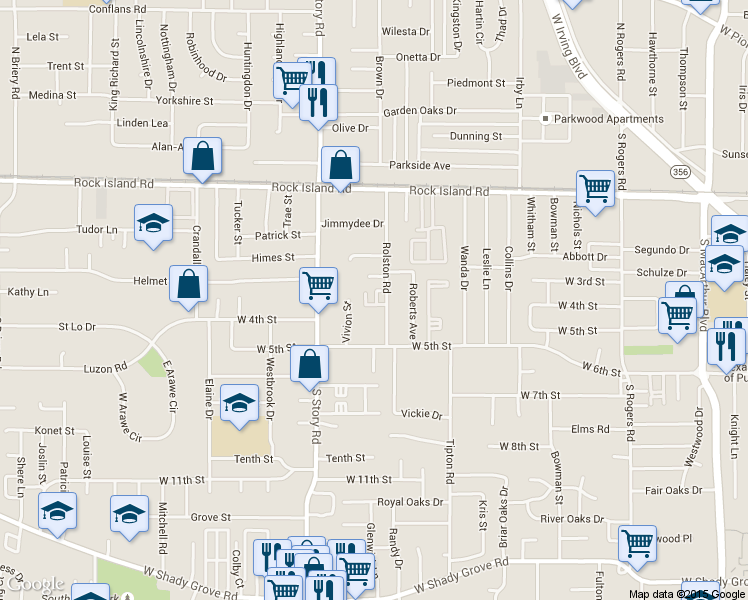 map of restaurants, bars, coffee shops, grocery stores, and more near 315 Rolston Road in Irving