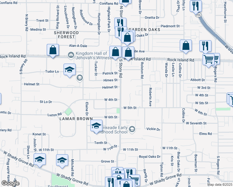 map of restaurants, bars, coffee shops, grocery stores, and more near 334 South Story Road in Irving