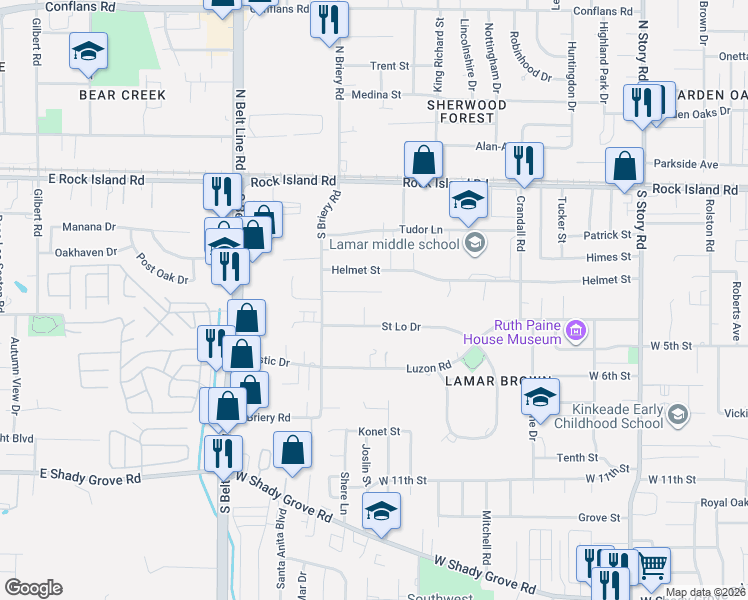 map of restaurants, bars, coffee shops, grocery stores, and more near 3139 Saint Lo Drive in Irving