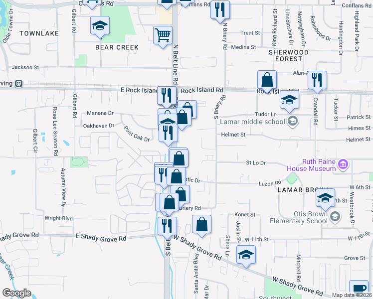 map of restaurants, bars, coffee shops, grocery stores, and more near 450 South Belt Line Road in Irving