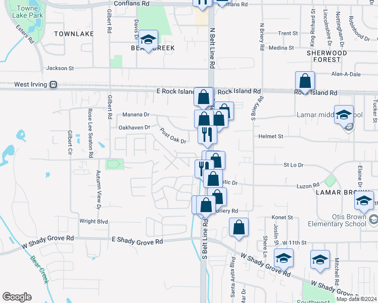 map of restaurants, bars, coffee shops, grocery stores, and more near 624 Autumn Leaves Trail in Irving