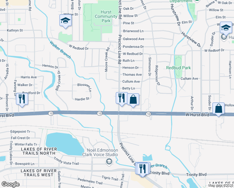 map of restaurants, bars, coffee shops, grocery stores, and more near 784 Treadwell Drive in Hurst