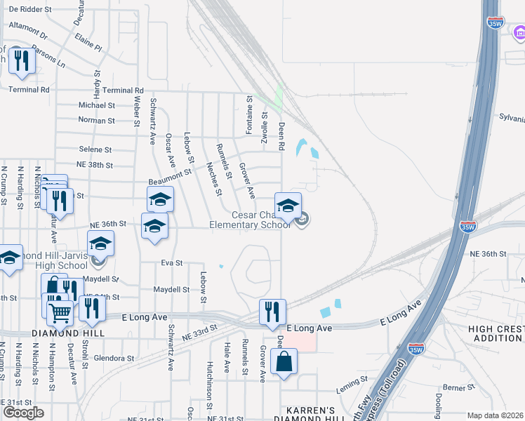 map of restaurants, bars, coffee shops, grocery stores, and more near 2212 Neches Street in Fort Worth