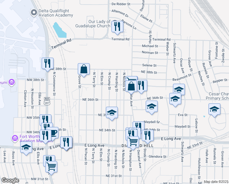 map of restaurants, bars, coffee shops, grocery stores, and more near 3706 North Crump Street in Fort Worth
