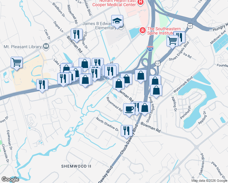 map of restaurants, bars, coffee shops, grocery stores, and more near 1111 Bowman Road in Mount Pleasant