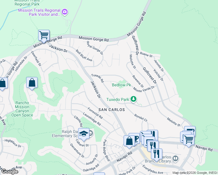 map of restaurants, bars, coffee shops, grocery stores, and more near 6747 Tuxedo Road in San Diego
