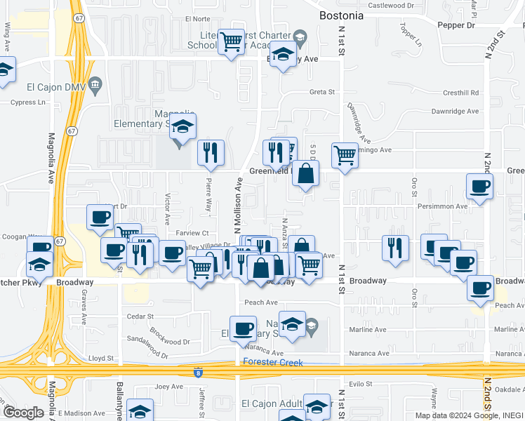 map of restaurants, bars, coffee shops, grocery stores, and more near 1182 Denver Lane in El Cajon