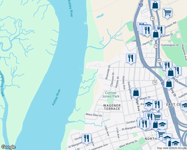 map of restaurants, bars, coffee shops, grocery stores, and more near 204 Sans Souci Street in Charleston