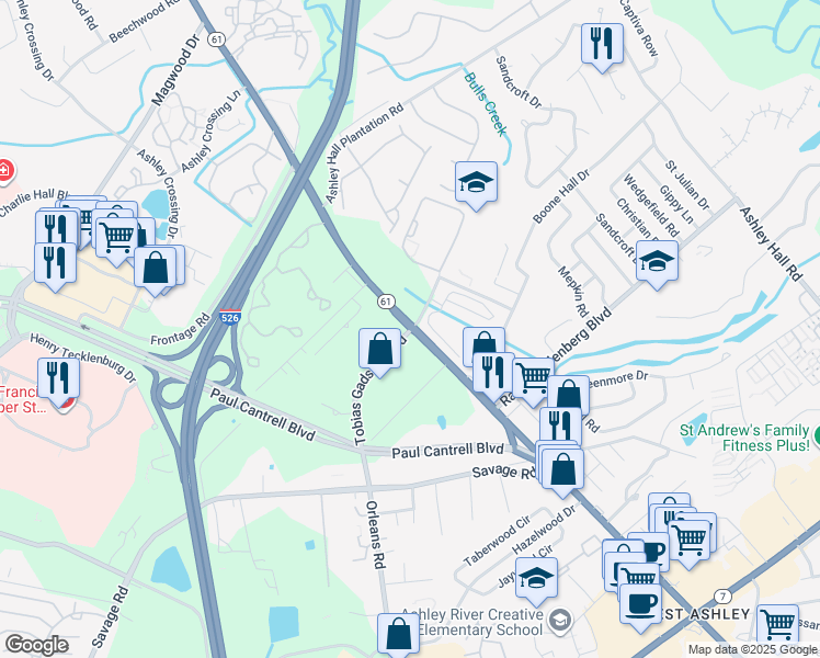 map of restaurants, bars, coffee shops, grocery stores, and more near 2040 Ashley River Road in Charleston